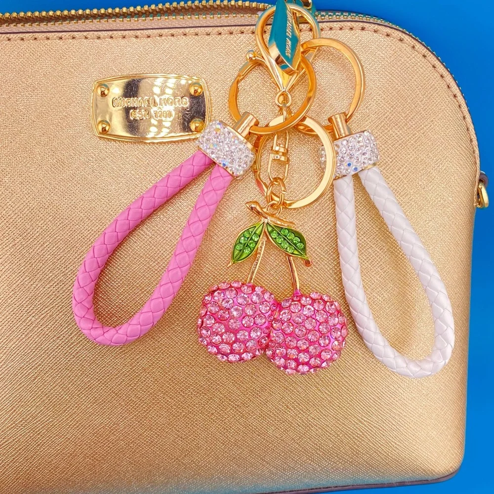 🍒 PINK OR RED Designer-Inspired Rhinestone Cherries Keychain/ Purse/Bag Charm
